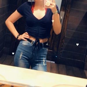 Shein cropped adjustable shirt with red bralet